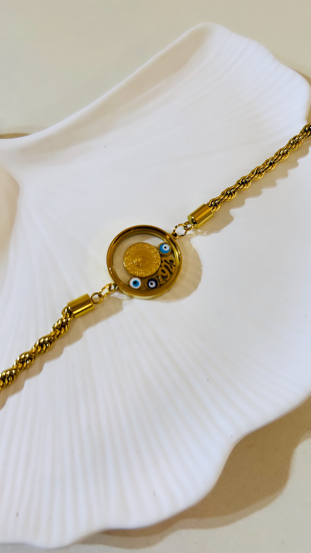 Cam Çerçeve Burgu Zincir Osmanlı 1923 Gold Altın Kaplama Çelik Bileklik