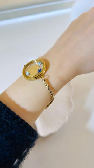 Cam Çerçeve, İtalyan Zincir, Burgu Zincir, Osmanlı, Yonca, Gold, Altın Kaplama, Çelik Bileklik