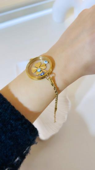 Cam Çerçeve, İtalyan Zincir, Burgu Zincir, Osmanlı, Yonca, Gold, Altın Kaplama, Çelik Bileklik