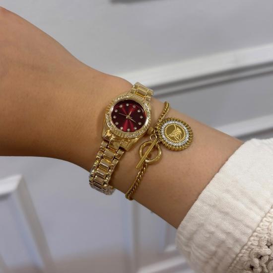 İçi Bordo Gold Saat